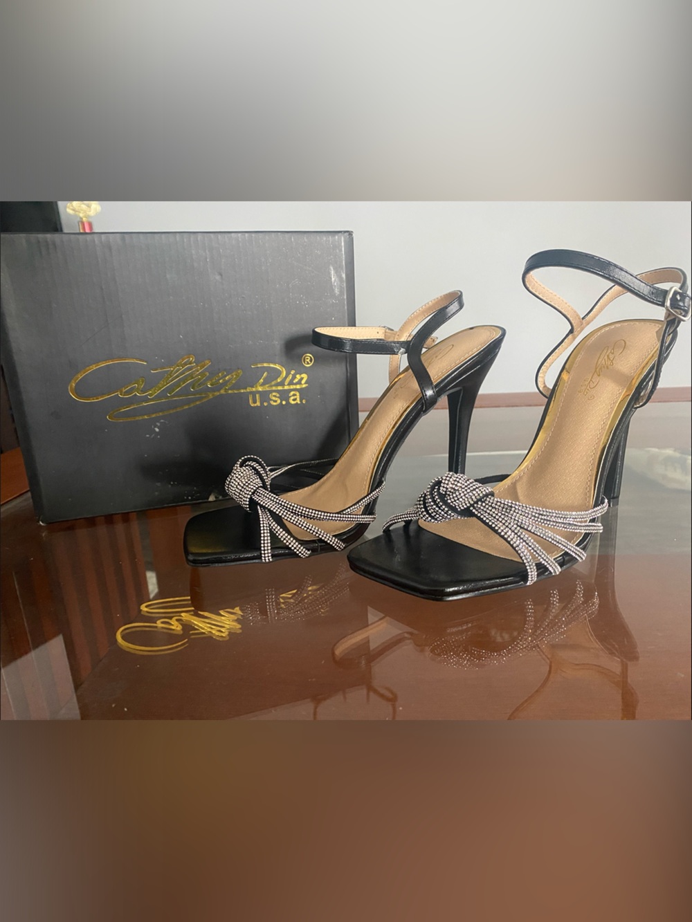 Cathy Din Black Crystal-Knot Ankle Strap Heels